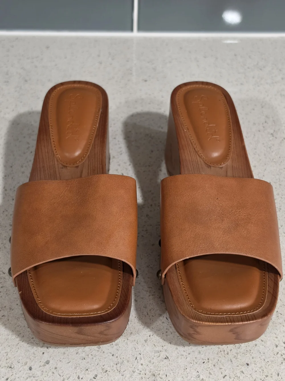 Splendid Tan Leather Slide Espadrille Platforms